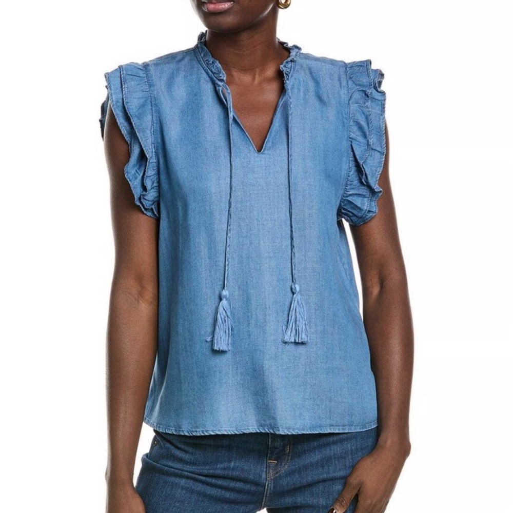 NANETTE LEPORE Cottage Boho Casual Denim Chambray Split V Ruffle Tassel Blouse M